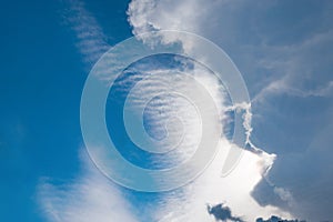 The dramatic group of clouds in the blue sky before the rain as a background