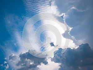 The dramatic group of clouds in the blue sky before the rain as a background