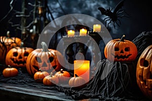 dramatic halloween decorations including spiders webs and pumpkins