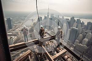 A dramatic, high-angle shot of skyscraper builders working at dizzying heights, skillfully assembling steel beams and securing