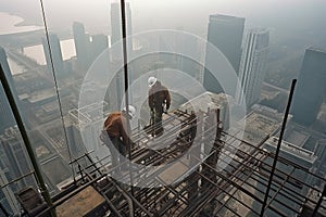 A dramatic, high-angle shot of skyscraper builders working at dizzying heights, skillfully assembling steel beams and securing