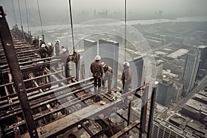 A dramatic, high-angle shot of skyscraper builders working at dizzying heights, skillfully assembling steel beams and securing