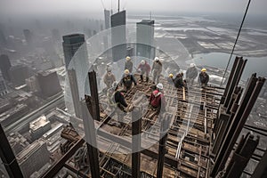 A dramatic, high-angle shot of skyscraper builders working at dizzying heights, skillfully assembling steel beams and securing