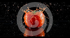 Dramatic high-speed splash of a fresh red tomato