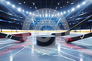Dramatic Ice Hockey Arena Scene puck on ice surrounded by marked hockey sticks photo