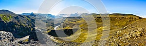 Dramatic Icelandic landscapeon the Laugavegur trail in panorama. Markarfljot canyon