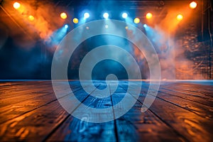 Dramatic Illuminated Stage with Blue and Yellow Spotlight Beams and Smoke, Empty Wooden Floor for Performances and Events