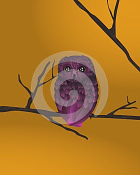 Dramatic illustration of a mystic owl that sit on a tree branch. Spooky purple bird with big eyes over yellow background.