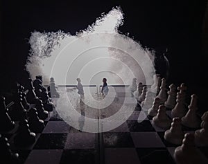 Dramatic illustration for photo War or politic situation concept, 2 standing mini figure, negoitation or debate beyond chess,