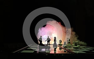 Dramatic illustration for photo War or politic situation concept, 2 standing mini figure, negoitation or debate beyond chess,