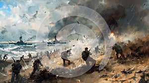 Dramatic illustration of soldiers storming the beach during. D-Day Anniversary