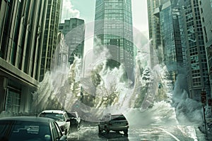 Dramatic illustration of a tidal wave hitting a city street with cars amidst the chaos