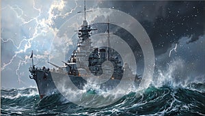 Dramatic image of a massive battleship braving a storm at sea with waves crashing and lightning striking overhead