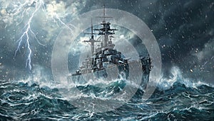 Dramatic image of a massive battleship braving a storm at sea with waves crashing and lightning striking overhead