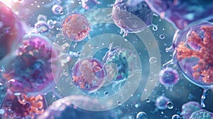 Dramatic image of multiple B and T lymphocytes releasing antibodies and off cells during activation photo