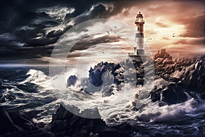 Dramatic image of sharp rocks with lighthouse in raging sea with dark stormy sky and spray on the waves, made with generative ai