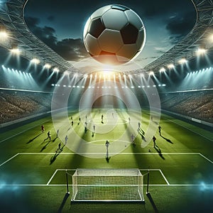 Dramatic image of a soccer ball in motion, flying towards the goal in a floodlit stadium.