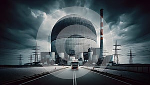 A dramatic industrial scene featuring a nuclear power plant with multiple cooling towers.