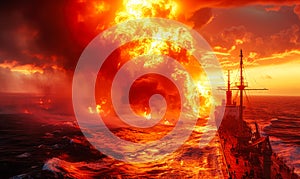 Dramatic inferno at sea: intense flames engulfing a ships deck at sunset, a fierce maritime disaster unfolding in the vast