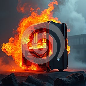 Exploding Gaming PC on Fire with Flames and Smoke