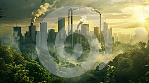 Dramatic Juxtaposition Of Lush Forest And Industrial Cityscape At Sunrise. Generative AI photo