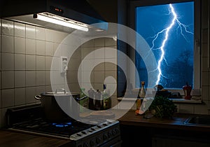 Dramatic Kitchen Scene with Lightning Strike