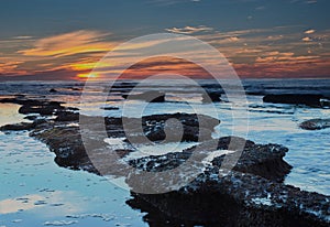 Dramatic La Jolla Tidal Pools at Sunset Stock Photo