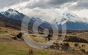 Dramatic landscape of Aoraki Mount Cook the highest mountains in South Island of New Zealand.
