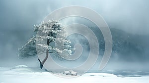 A dramatic landscape engulfed by a snow squall. The foreground shows a lone, snow-covered tree standing resiliently