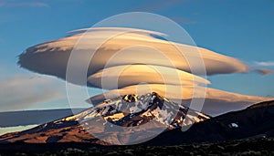 Lenticular Clouds over Mountain Peak, Dramatic Sky Landscape