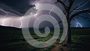 Dramatic Lightning Storm over Grassland with Dead Tree