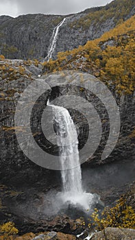 dramatic landscape of Manafossen Falls and the valley of the river Man in in the province of Rogaland Norway