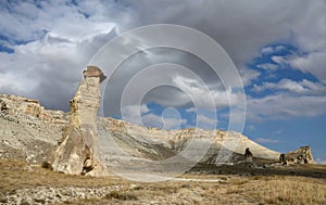 Dramatic landscape with mushroom-shaped volcanic rock pillars in Cappadocia,unique geological formation,Turkey