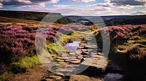 Dramatic Landscape: Pathway To Purple Flowers In Yorkshire Heath