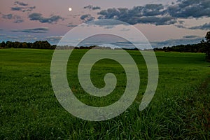 Dramatic landscape of summer sunset, hay field, trees, clouds and moon