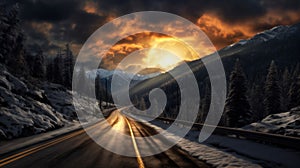 dramatic landscape at sunset, view of the road in front of mountains, dark stormy sky and sunlight
