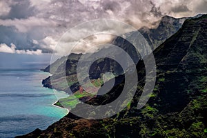 Dramatic landscape view of Na Pali coastline, Kauai, Hawaii