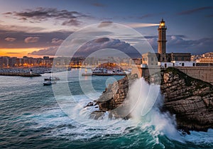 Dramatic lighthouse on rocky coastline with crashing waves at sunset