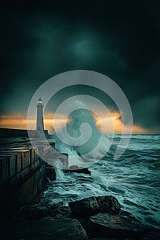 Dramatic Lighthouse at Stormy Seas Sunset