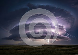 Dramatic lightning bolt illuminates massive storm cloud over open field