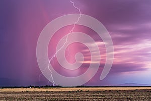 A dramatic lightning bolt strike from a monsoon storm near Tucson, Arizona