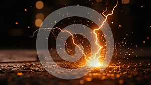 A dramatic lightning bolt strikes down on a dark, rocky surface.