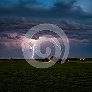 A dramatic lightning storm illuminates the evening sky over a rural landscape. Dark,