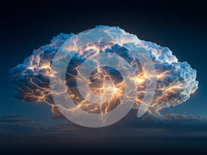 Dramatic lightning storm within a massive thundercloud at dusk