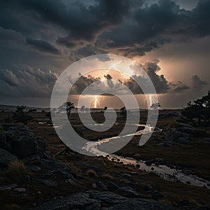 Dramatic Lightning Storm over Dark Landscape