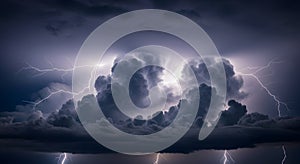 Dramatic Lightning Storm Over Dark Landscape with Towering Clouds, AI Generated