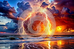 Dramatic lightning storm over ocean beach at sunset