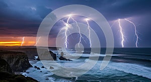Dramatic lightning storm over ocean with cliffs at sunset
