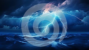 Dramatic lightning storm over the ocean with dark clouds and rough waves at night