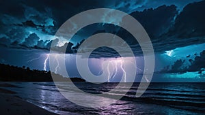 Dramatic Lightning Strikes Over Tropical Beach at Night